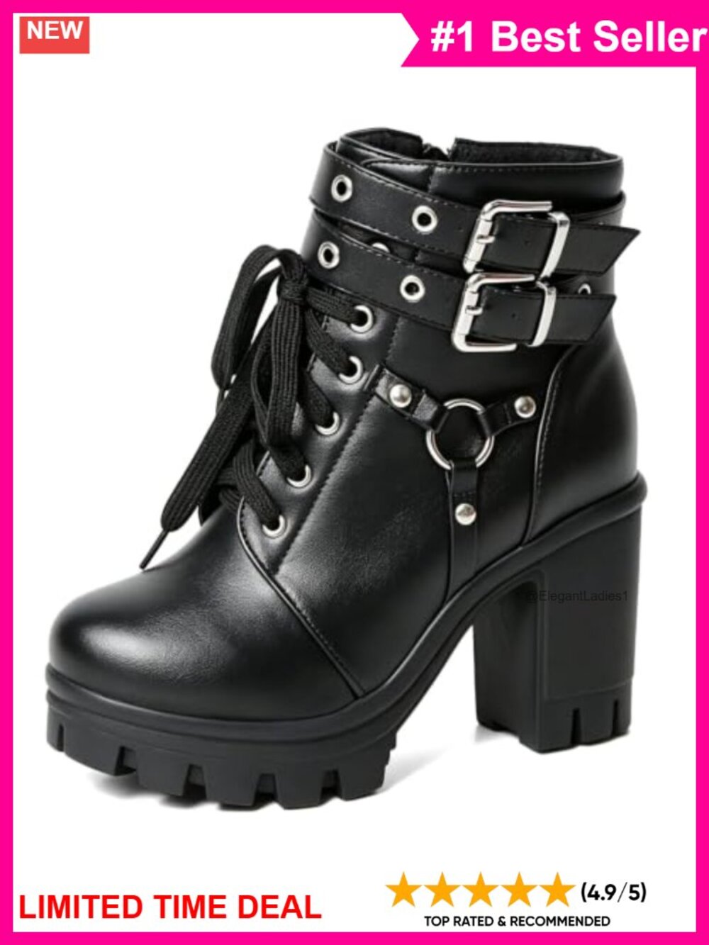 Platform Combat Boots PU Leather Buckle Ankle Booties Side Zip Lace Up